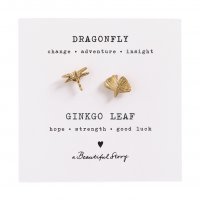 Broche set 'Libelle/Ginkgo' - goud