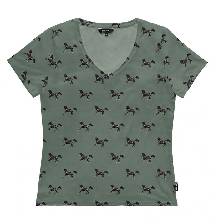 V-neck T-shirt 'Black Horses Green' - Women