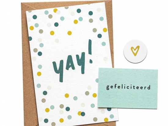 Lief voor elkaar - Wenskaart set - 'Gefeliciteerd' - Wenskaart + mini + sticker - Gefeliciteerd Yay! Gefeliciteerd